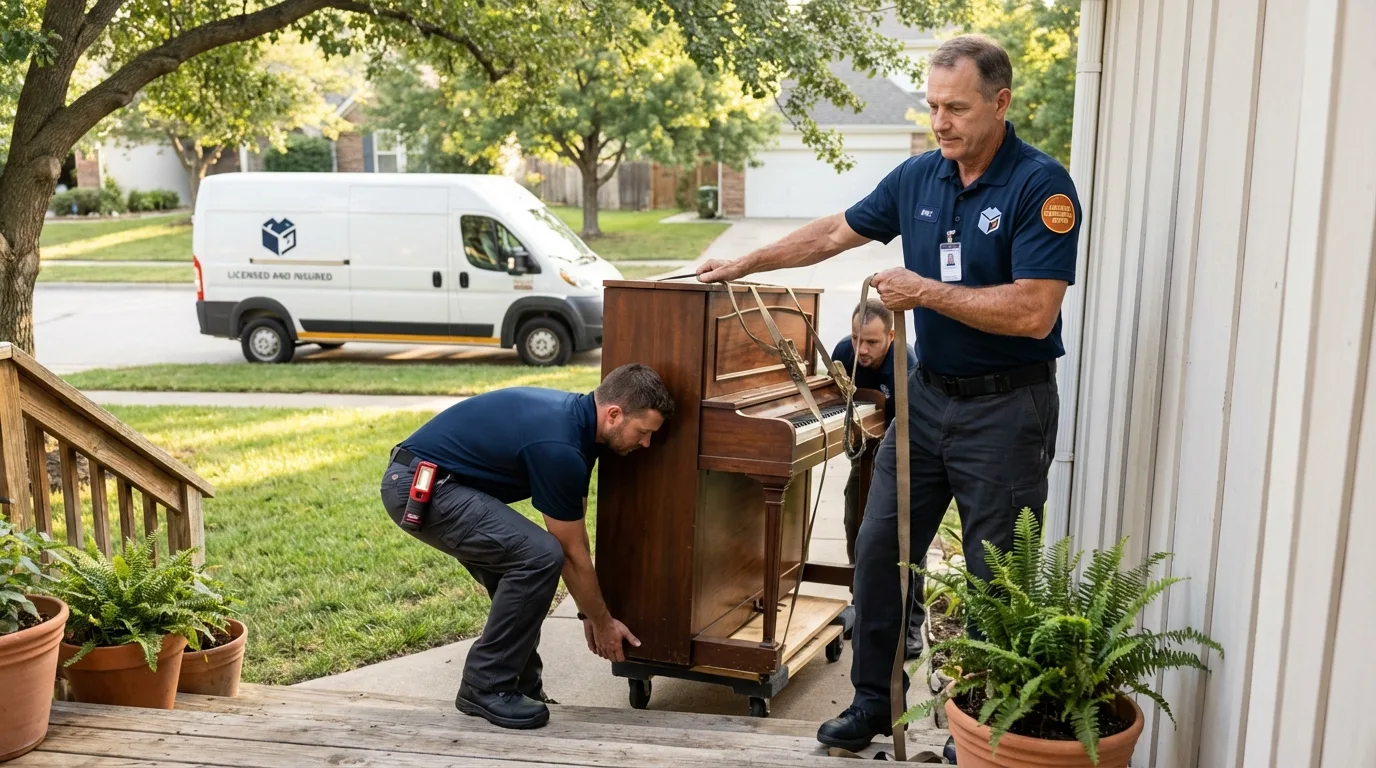 Licensed piano movers securing grand piano in Highland, IN