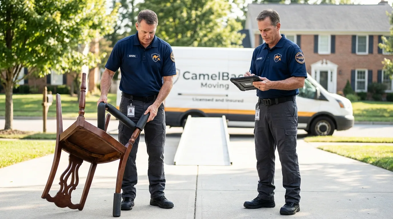 Movers inspecting furniture for damage prevention before loading in Highland, IN