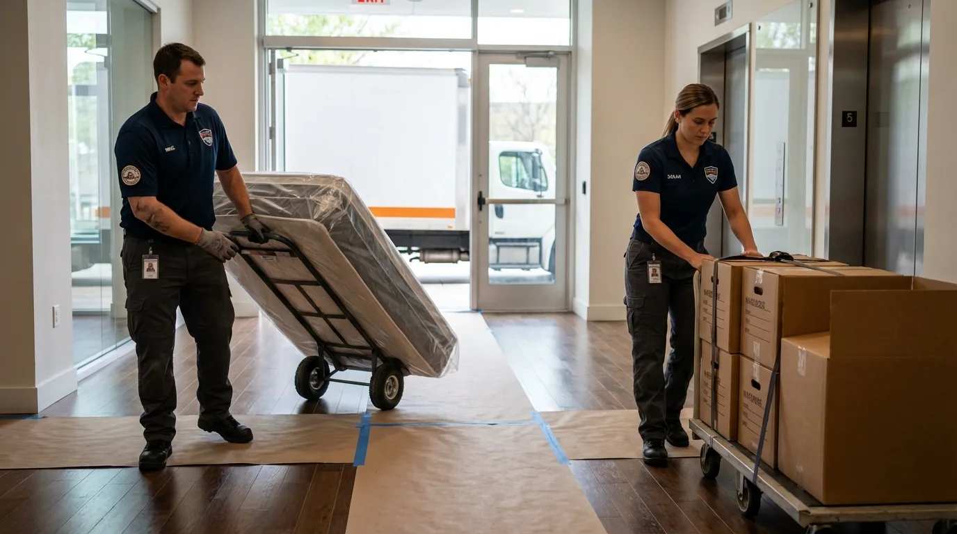 Professional apartment movers loading elevator in Highland, IN