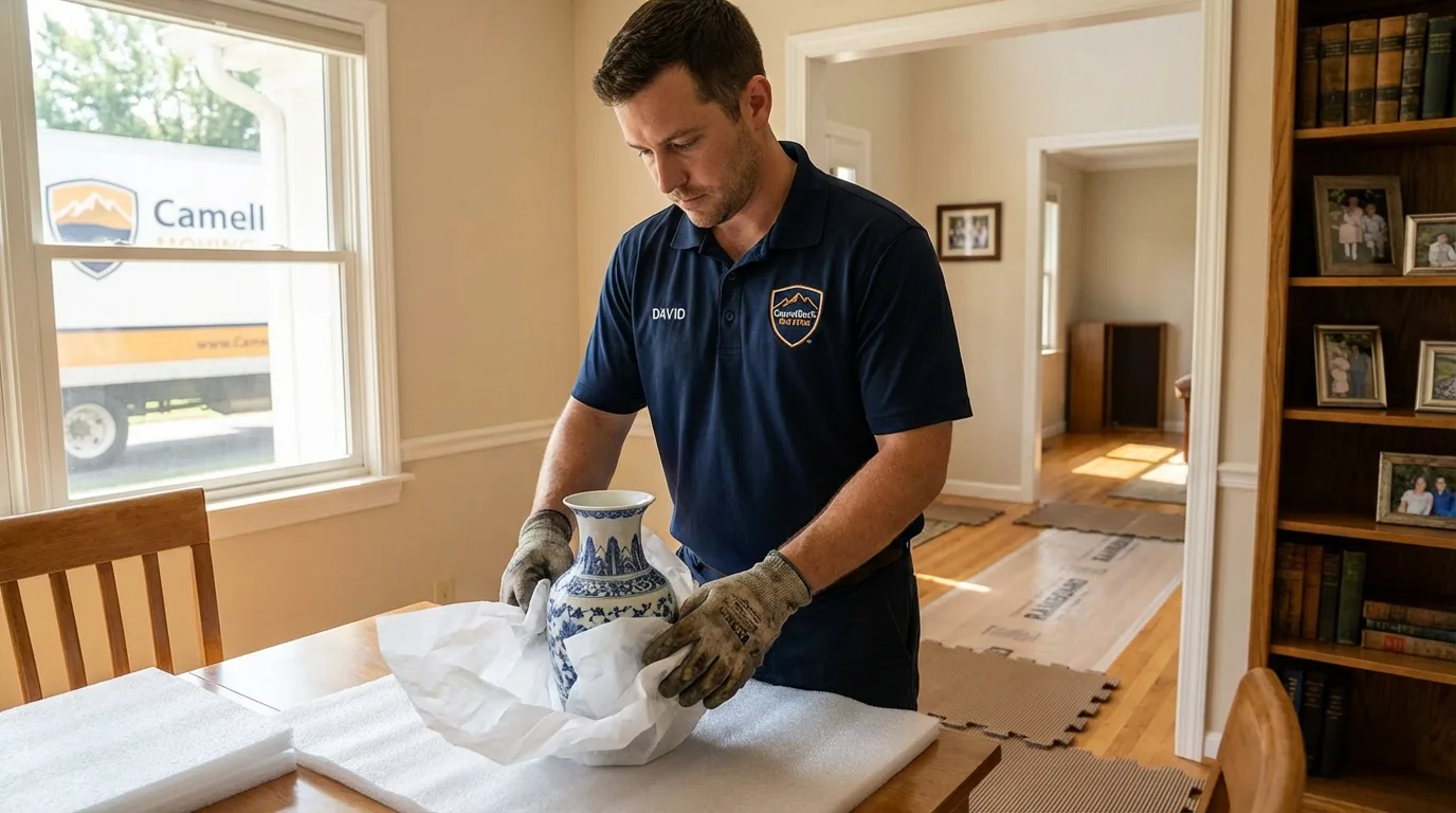 Professional crew carefully wrapping antique vase for senior downsizing move in Highland, IN