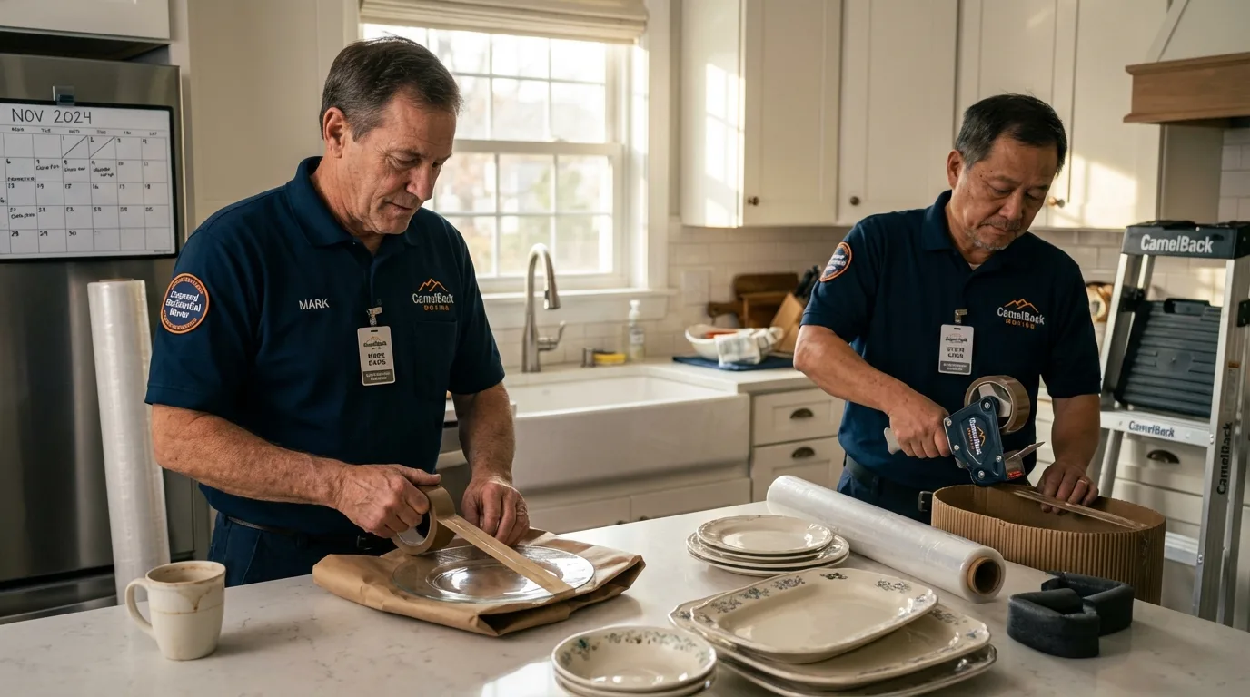 Professional crew packing kitchen dishware in Highland, IN